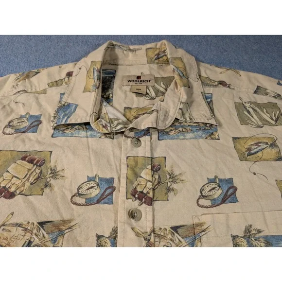 Woolrich Mens Large Stone Camping Elements All Over Print Cotton Button Up Shirt - Picture 4 of 8